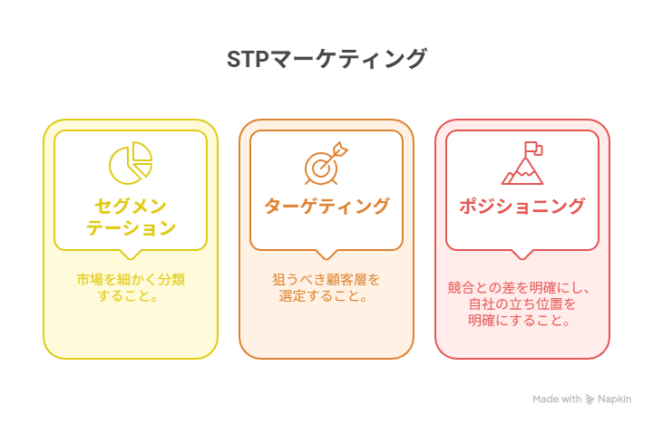 STPマーケティングの3つのステップを解説する図