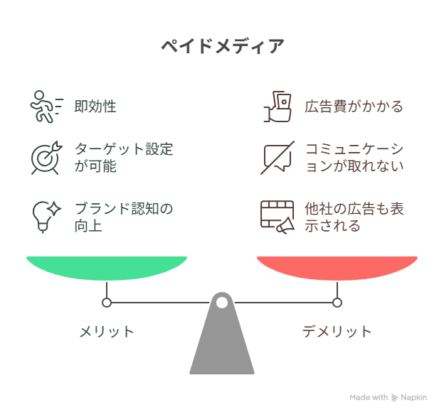 ペイドメディアの利点と欠点を表す図