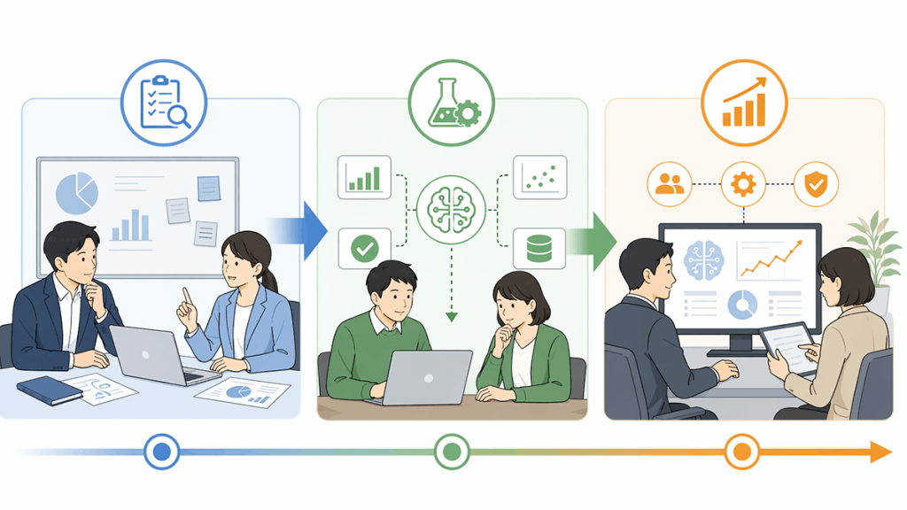 AI活用を失敗しないためには、導入前、PoC、運用後の3段階で見る