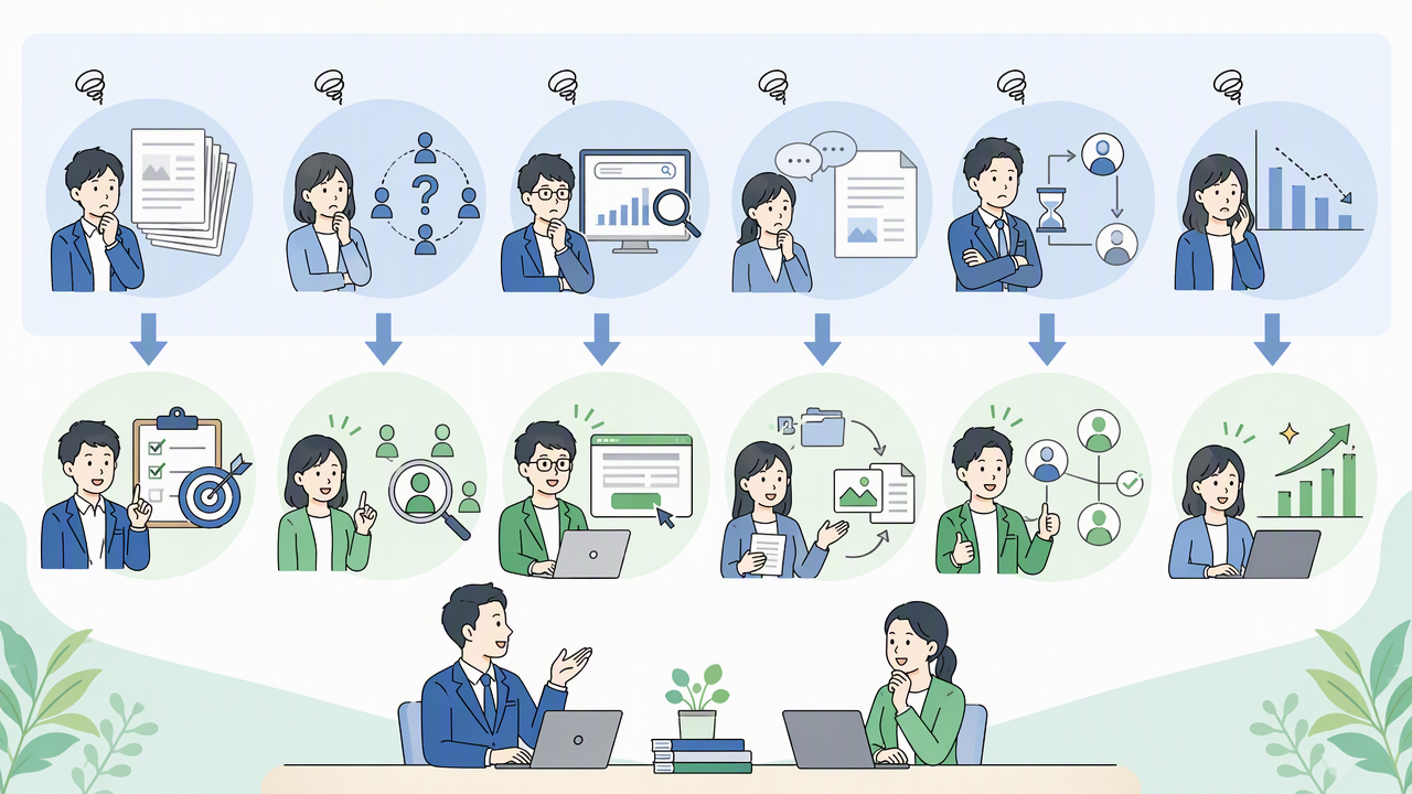 コンテンツマーケティング外注で起こりやすい6つの失敗と、それぞれを防いだ状態を対比したイラスト
