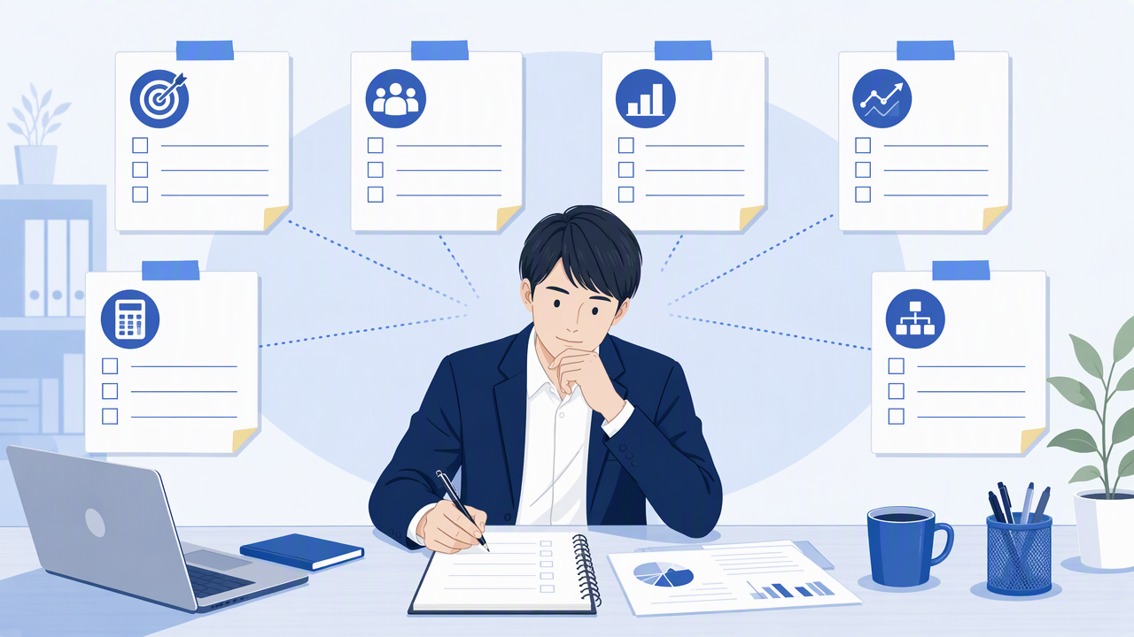 目的・対象顧客・KPI・予算・体制など、代行会社への相談前に整理する項目を書き出す担当者のイラスト