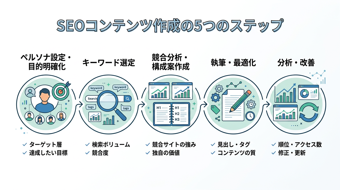 SEOコンテンツ作成の5つのステップのインフォグラフィック