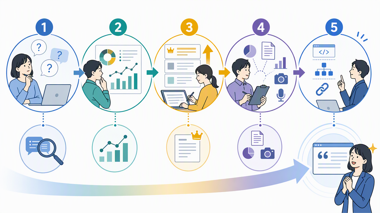 AIO対策の5ステップ(質問の洗い出し、現状の記録、既存記事の改稿、一次情報の補強、HTML・構造化データの整備)